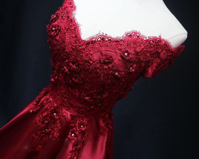 Siaoryne Elegant Burgundy Red Off Shoulder Long Prom Dress , Lace Satin Wedding Party Dress PL08102