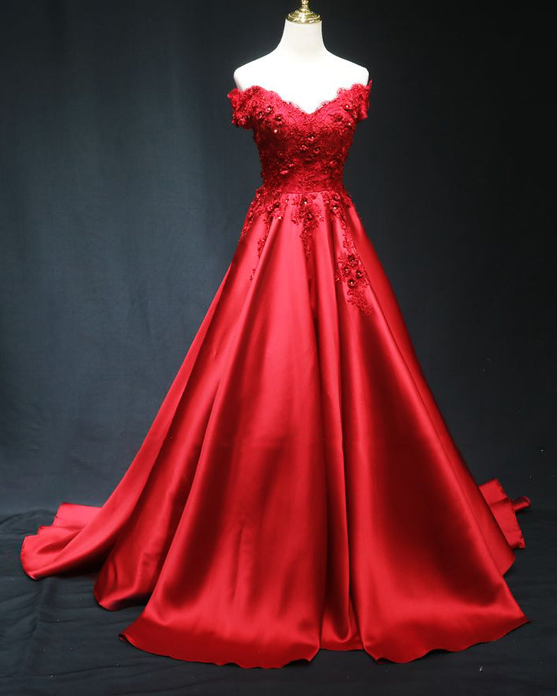 Siaoryne Elegant Burgundy Red Off Shoulder Long Prom Dress , Lace Satin Wedding Party Dress PL08102
