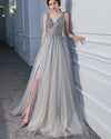 Sexy V Neck Gray/Champagne Beading Long Tulle Prom Dress  Wedding Party Evening Gown Vestido PD0612
