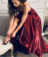Elegant Satin Spaghetti Straps Sexy V Neck Long Burgundy Prom Party Dress  PL10427