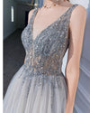Sexy V Neck Gray/Champagne Beading Long Tulle Prom Dress  Wedding Party Evening Gown Vestido PD0612