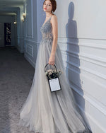 Sexy V Neck Gray/Champagne Beading Long Tulle Prom Dress  Wedding Party Evening Gown Vestido PD0612