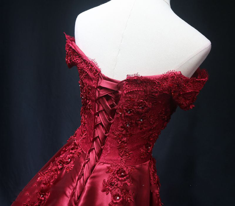 Siaoryne Elegant Burgundy Red Off Shoulder Long Prom Dress , Lace Satin Wedding Party Dress PL08102