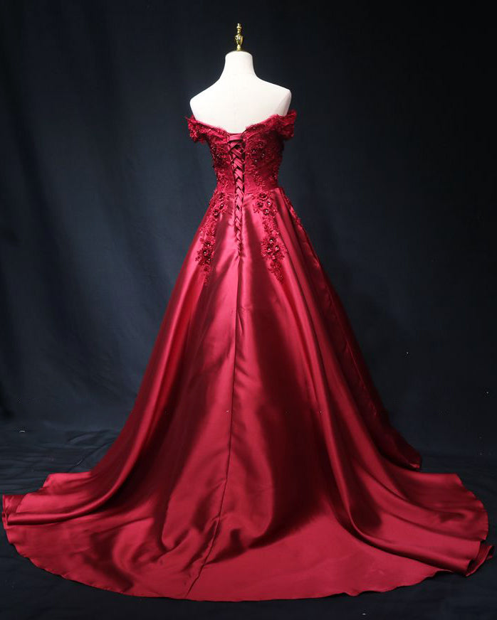 Siaoryne Elegant Burgundy Red Off Shoulder Long Prom Dress , Lace Satin Wedding Party Dress PL08102