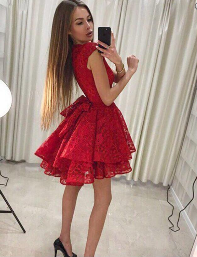 Modest Scoop Sleeve Scoop Neck Lace Short Prom Dress Junior Homecoming Gowns 2020 SP402
