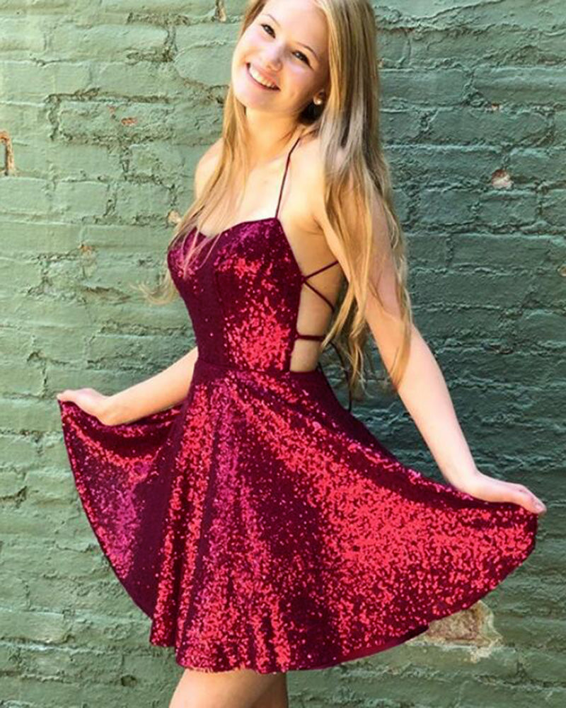 Burgundy Sparkle Girls Short Prom dress Party Semi Formal Gowns halter  Cocktail Dress SP096