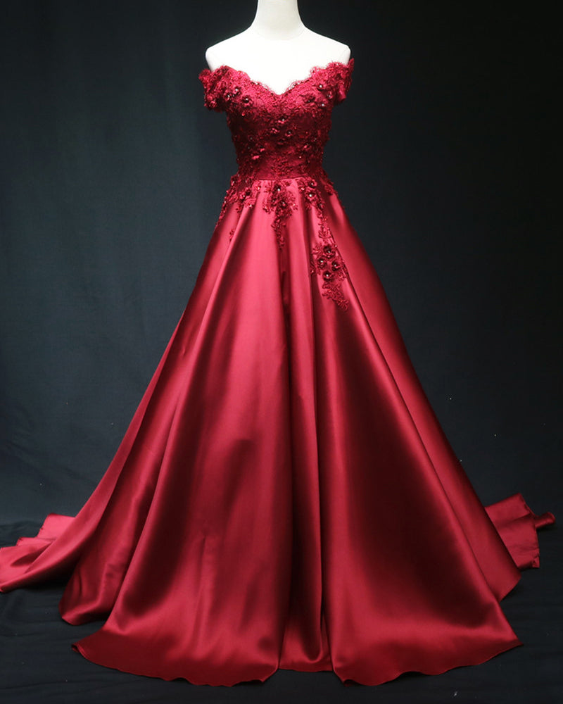 Siaoryne Elegant Burgundy Red Off Shoulder Long Prom Dress , Lace Satin Wedding Party Dress PL08102