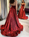 Elegant Satin Spaghetti Straps Sexy V Neck Long Burgundy Prom Party Dress  PL10427