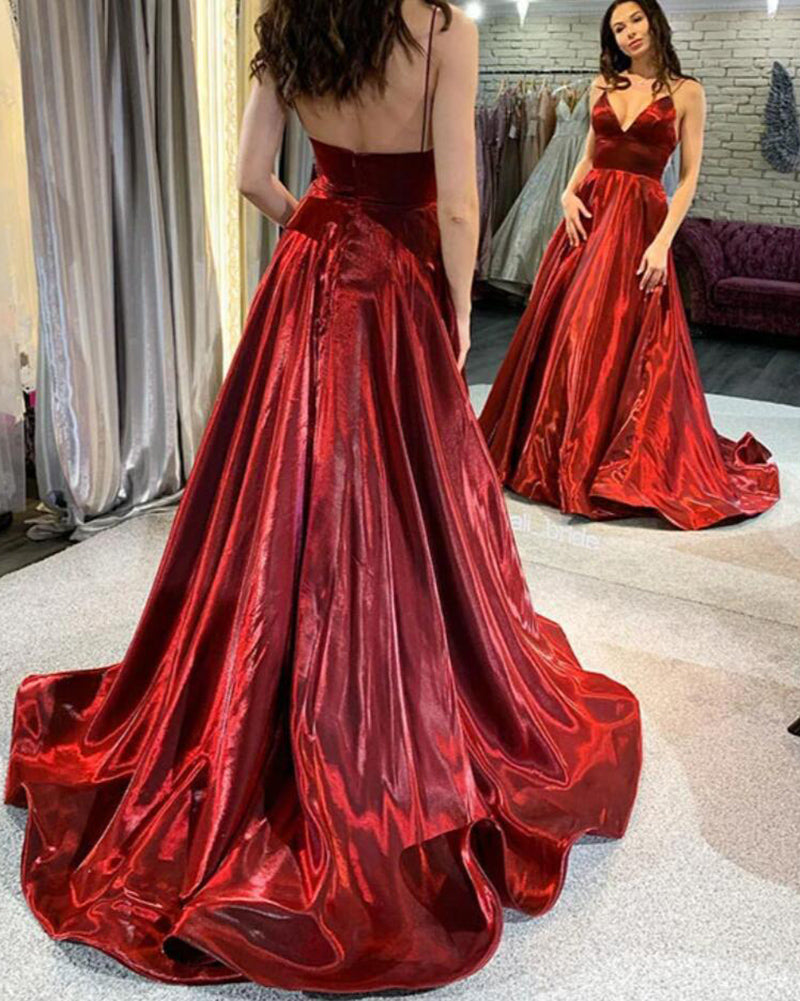 Elegant Satin Spaghetti Straps Sexy V Neck Long Burgundy Prom Party Dress  PL10427