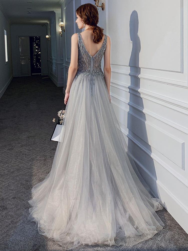 Sexy V Neck Gray/Champagne Beading Long Tulle Prom Dress  Wedding Party Evening Gown Vestido PD0612