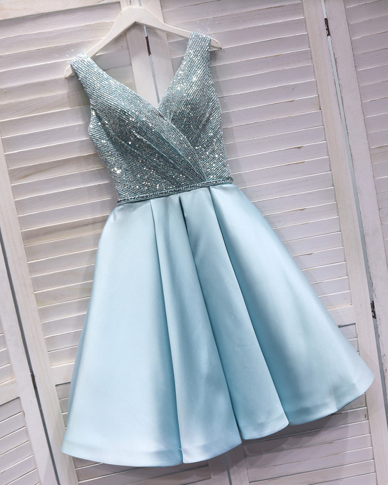Vestido de fiesta corto con escote en V, sexy, azul claro, con escote en V, vestido de cóctel semiformal para regreso a casa con lentejuelas SP08210 