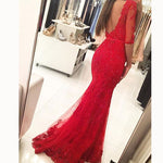Trendy Red Lace Prom Dress Mermaid Red Formal Gown Mermaid Party Gown vestido longo