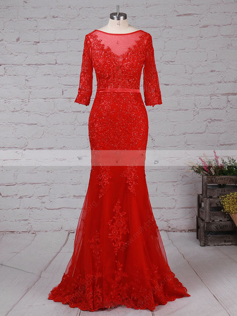 Trendy Red Lace Prom Dress Mermaid Red Formal Gown Mermaid Party Gown vestido longo