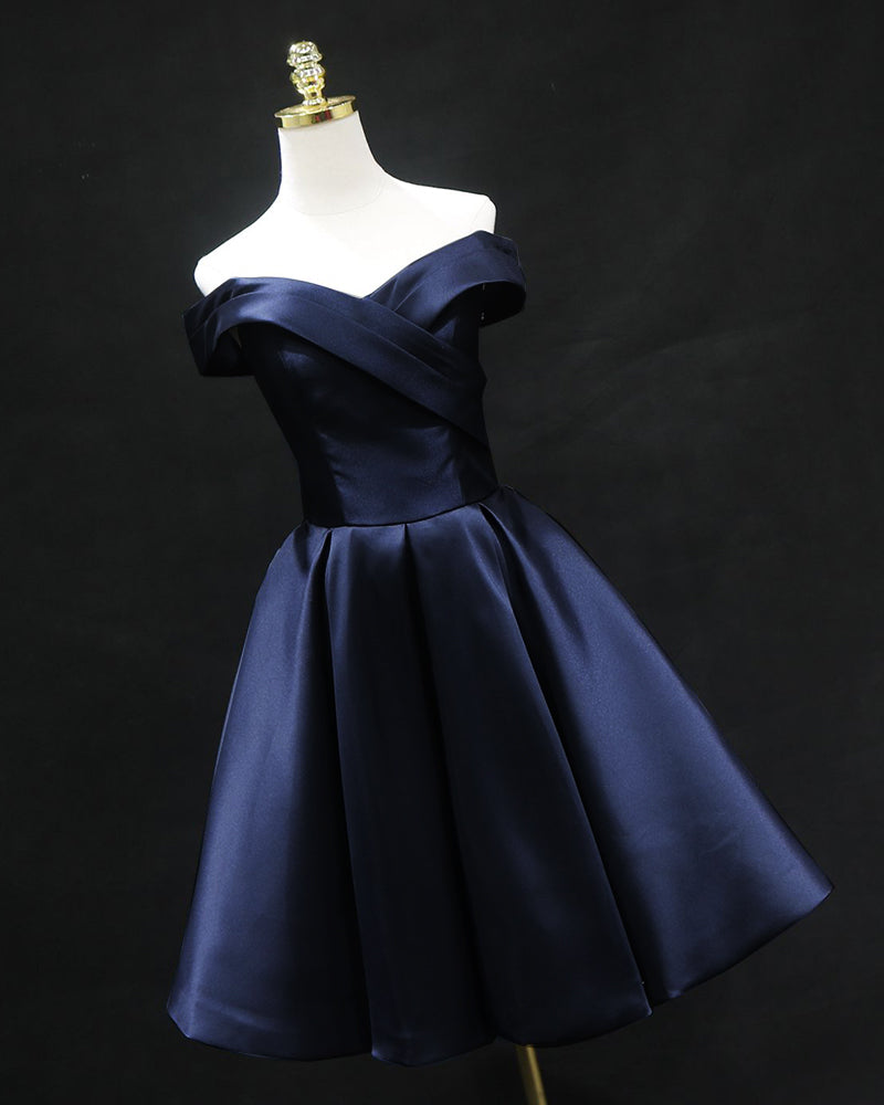 Vestido corto azul marino para graduaciones de adolescentes, de satén, con hombros descubiertos, bonito vestido de fiesta SP0824 