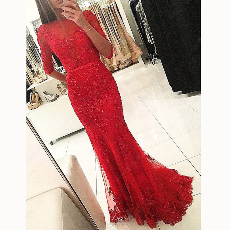 Trendy Red Lace Prom Dress Mermaid Red Formal Gown Mermaid Party Gown vestido longo