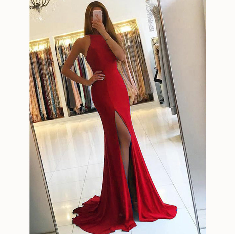 Red Prom Dress 2018 Sexy Slit Halter Girls Evening Party Gown Vestido De Festa Longo vestido rojo largo LP6621