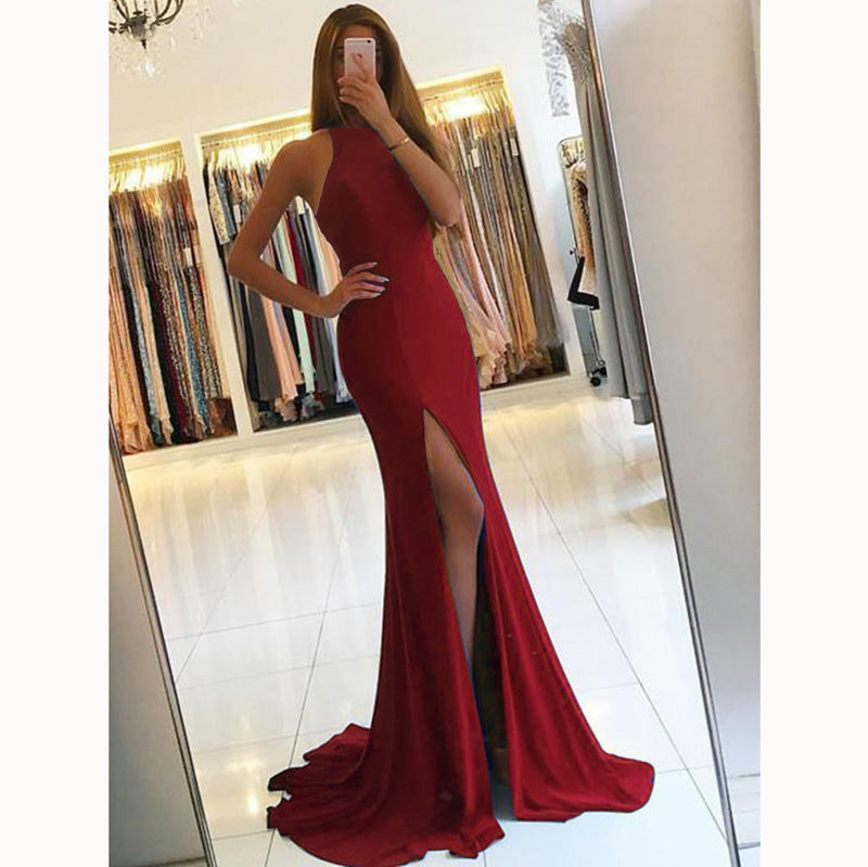 New Fitted Evening Dress Girls Pink Prom Ball Dress Formal Wear Wedding Guest Gown with Sexy Slit