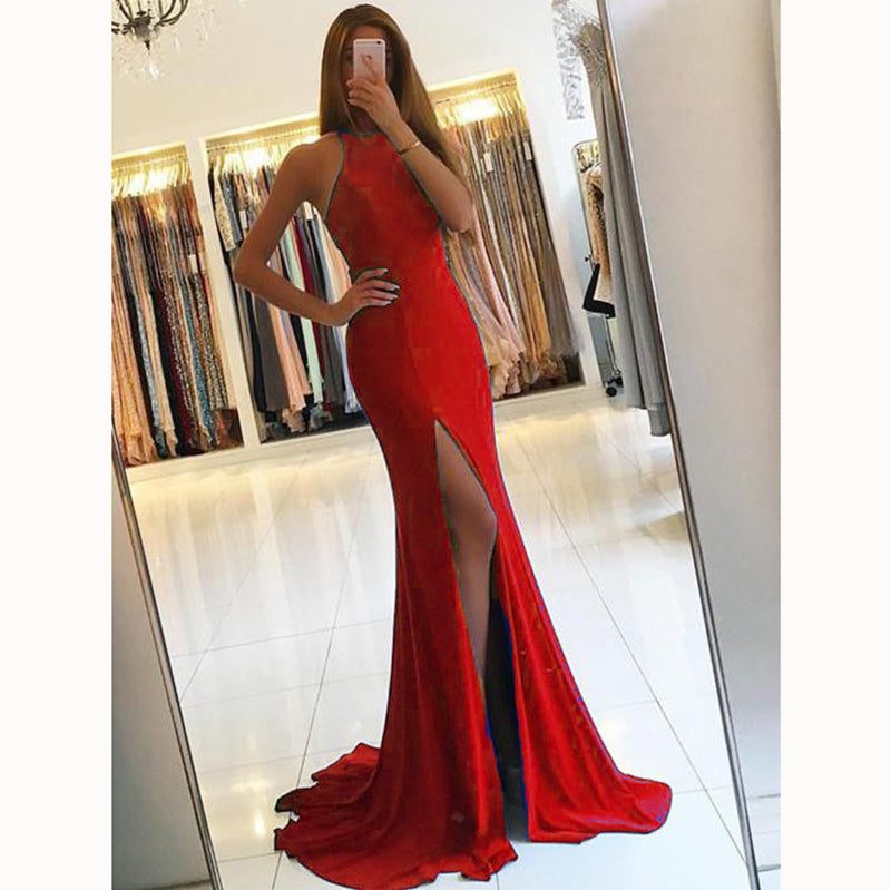 Classy Royal Blue Prom Dress 2022 Halter Fitted Evening Gown Sexy Slit Girls Senior Prom LP5598