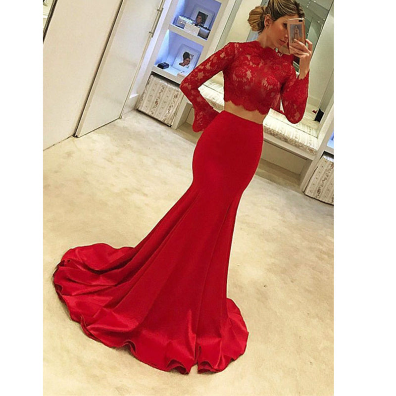Elegant Red Long Sleeves Prom Dress two/2 Pieces ,Crop Top Long Graduation Girls Formal Gowns,Evening Party Dresses