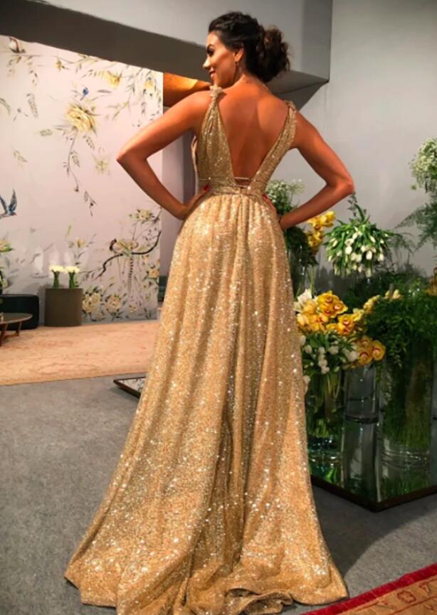 Siaoryne Bling Bling Gold Sequins Long Prom Evening Dress for Women PL2013