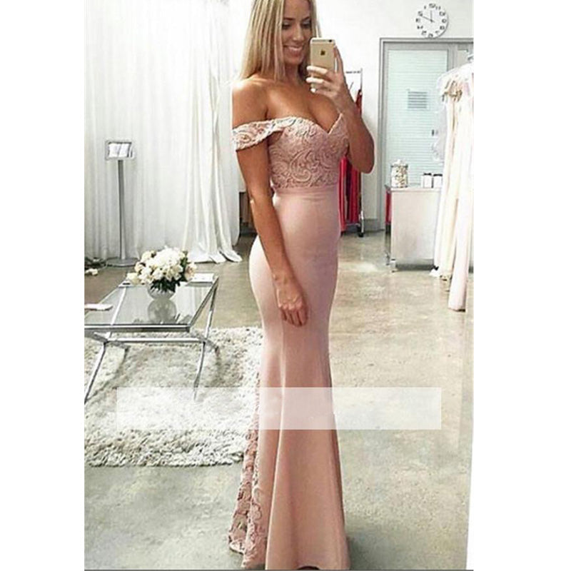 LP877 Vestidos de fiesta largos de color rosa con hombros descubiertos, vestidos formales de encaje, vestidos de fiesta de boda 2018