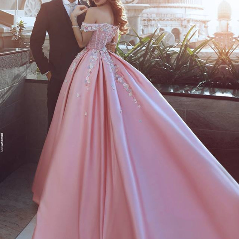WD0211 Pink off the shoulder flower Ball Gown Prom Dress Appliques Lace Satin Wedding Dress Reception Gown