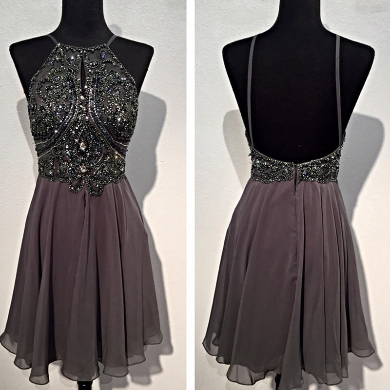 SP5478 Vestido corto de fiesta con cuello halter y cuentas, vestido de fiesta corto, vestido formal de graduación