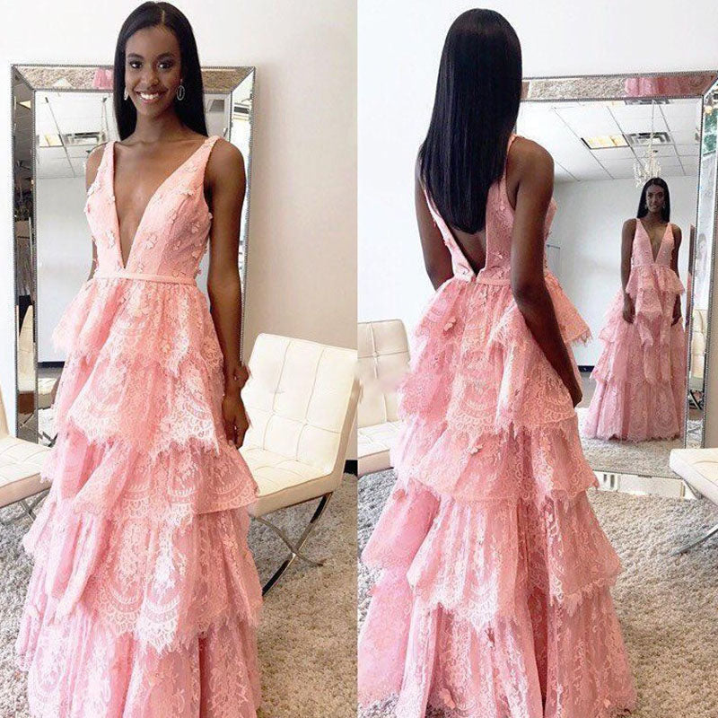 LP2265 Pink Lace Prom Dress A Line Formal Evening Gown Sexy Deep V Neck vestido de baile de renda 2018