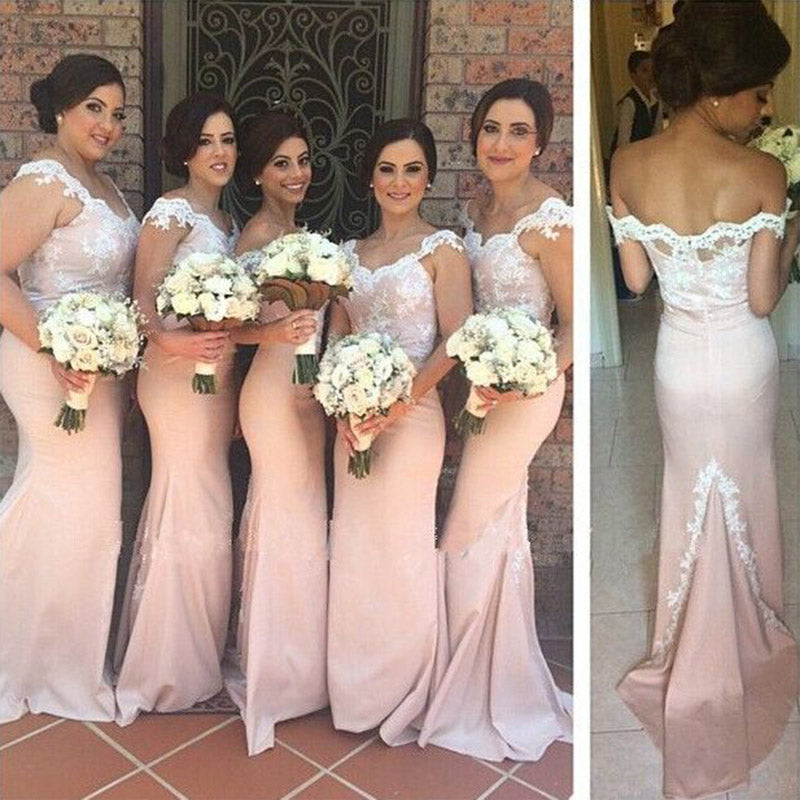LP4599 Vestido de dama de honor de sirena con apliques de encaje Vestido largo de fiesta de boda formal con apliques de encaje 
