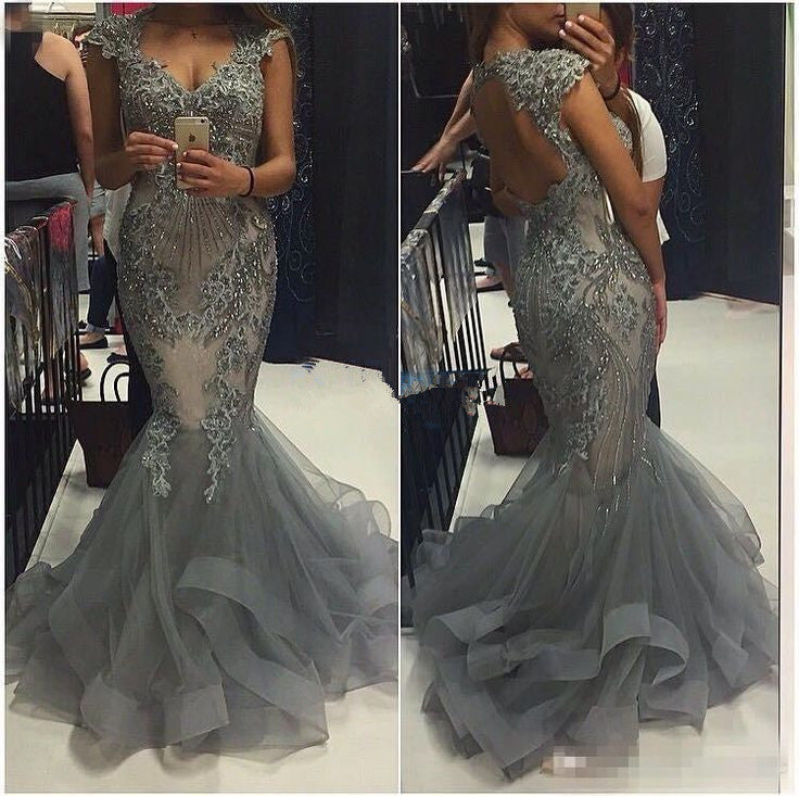 Luxury Chic Grey Mermaid Prom Dress Women Lace Beaded  Long Evening Formal Dress