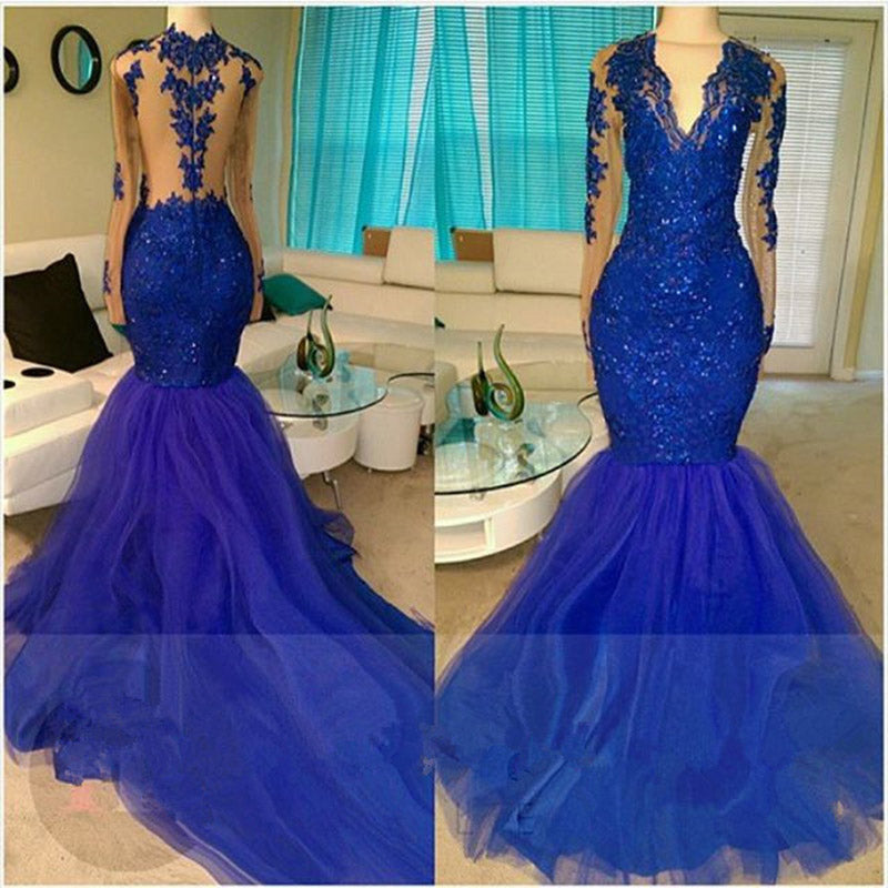 Trendy Royal Blue Long Sleeved Lace Prom Dresses Mermaid Evening Formal Gown Vestdo de Festa 2018 PD0214