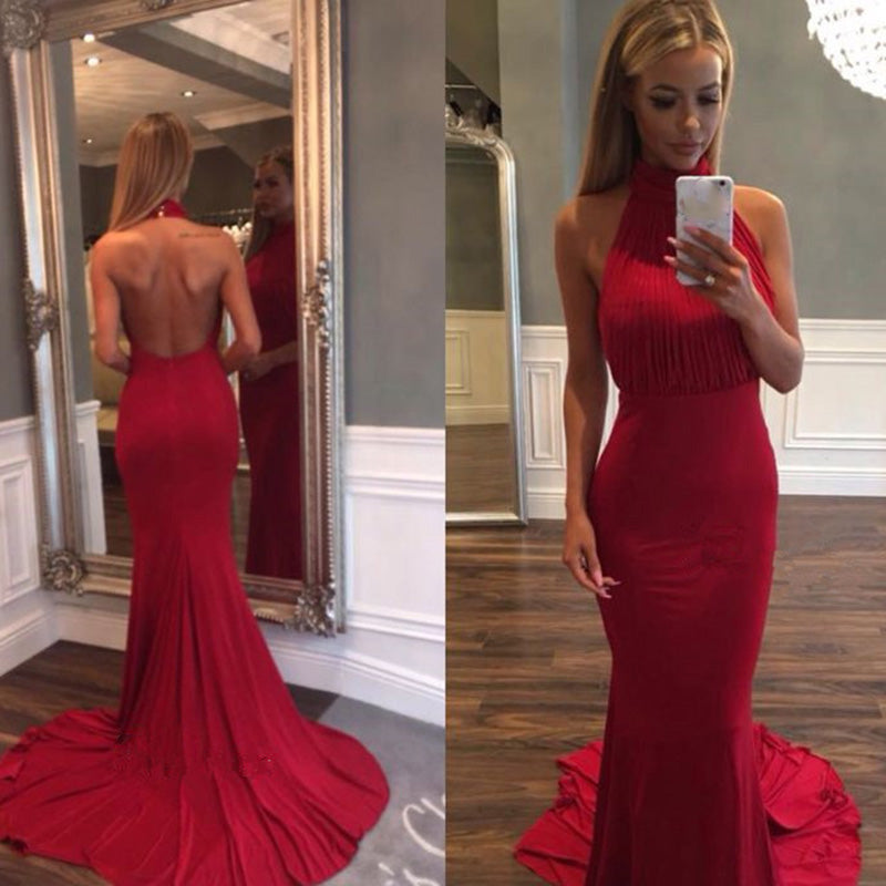 Red Prom Dresses 2018 Halter Long Evening Gown Robe De Soiree Longue LP5573