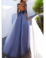 Elegant Vintage Long Sleeved See Through Blue Tulle Lace Gowns for Prom Long Wedding Party Dresses PL77840