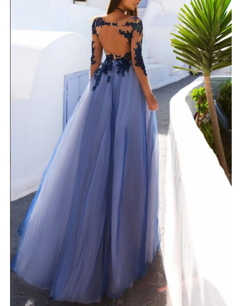 Elegant Vintage Long Sleeved See Through Blue Tulle Lace Gowns for Prom Long Wedding Party Dresses PL77840