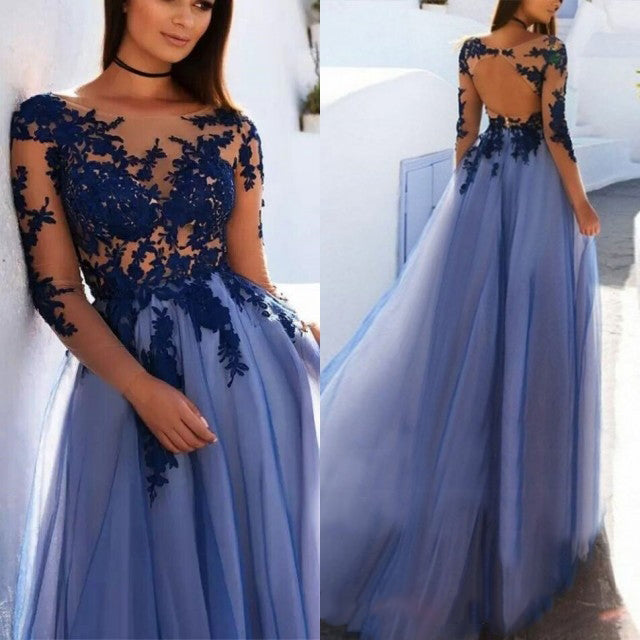 Elegant Vintage Long Sleeved See Through Blue Tulle Lace Gowns for Prom Long Wedding Party Dresses PL77840