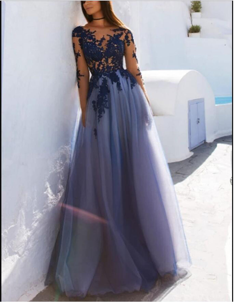 Robe longue en tulle bleu transparent à manches longues et dentelle vintage élégante pour bal de fin d'année, robe de soirée de mariage PL77840