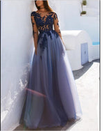 Elegant Vintage Long Sleeved See Through Blue Tulle Lace Gowns for Prom Long Wedding Party Dresses PL77840