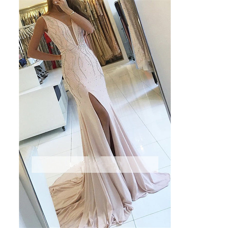 LP3654 Plunge V Neck Sexy Long Evening Gown Beaded Formal Prom Dress 2018 with Slit