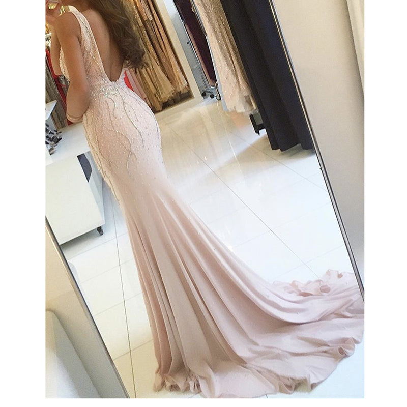 LP3654 Plunge V Neck Sexy Long Evening Gown Beaded Formal Prom Dress 2018 with Slit