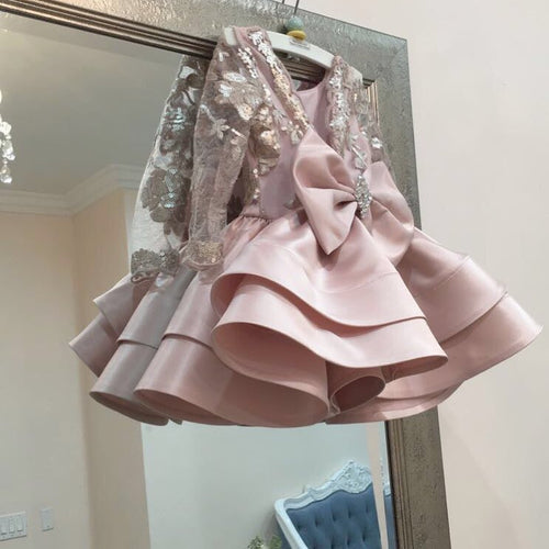 Cute Short Pink Satin Girls Pageant Gowns Tired Skirt First Communication Dresses with Bow