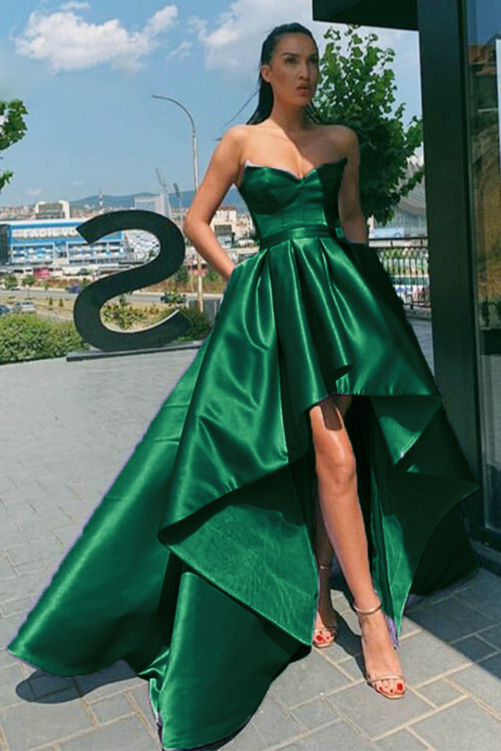 Drak Emerald Green High Low Prom Dresses Long sweetheart Sexy Women Formal Party  Dresses 2022 PL1115