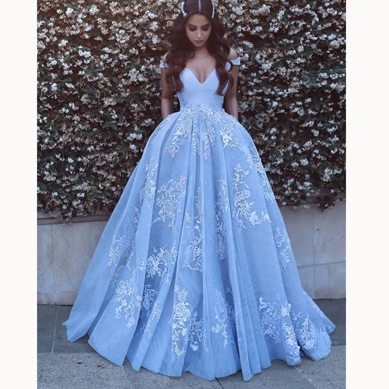 Dreamy Custom made Floral Lace A Line Wedding Dresses Princess Off the Shoulder Sky Blue Girls Formal prom Gown LP5580