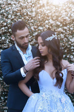 Dreamy Custom made Floral Lace A Line Wedding Dresses Princess Off the Shoulder Sky Blue Girls Formal prom Gown LP5580