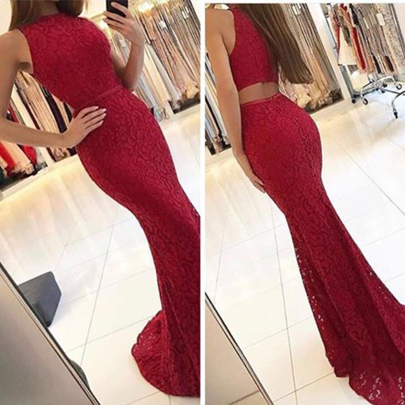 LP0856 Halter  Burgundy Prom Dress Long Lace Party Evening Mermaid Formal Gown 2018