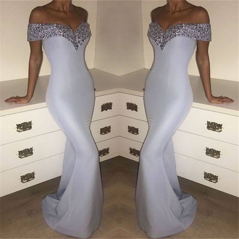 LP1021 Off the Shoulder Mermaid Satin evening Dresses 2018 Formal Gown with Beading Vestido De Festa