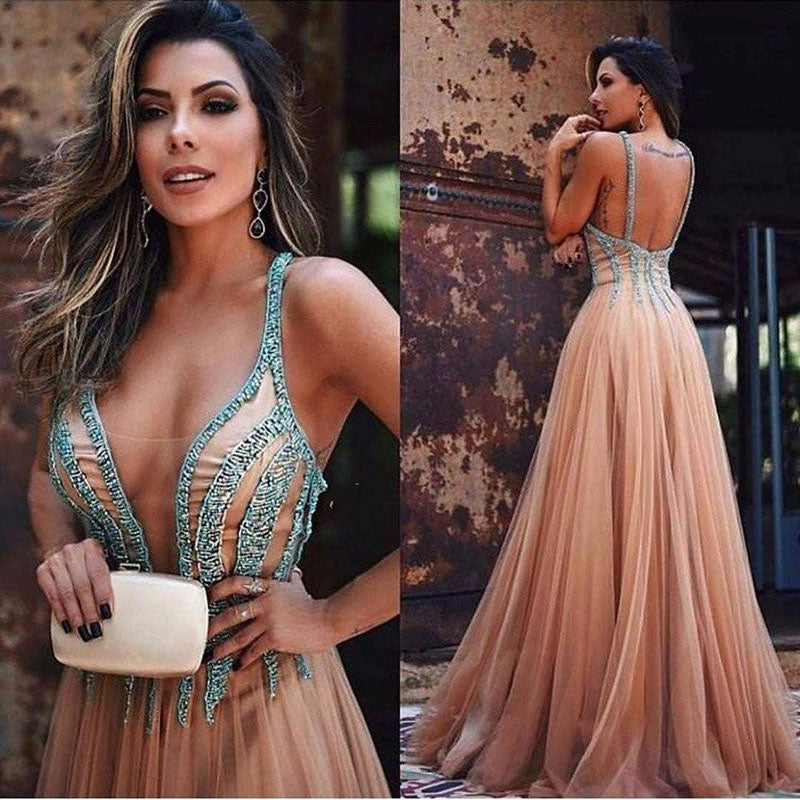 LP2136 Deep V neck Sexy Long ALine Prom Dress with Beading,Evening Formal Gown,Vestido De Festa Longo