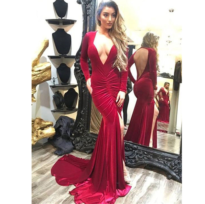 LP588 Long Sleeves Burgundy Evening Formal Gowns V Neck Sexy Women Party Dress,Fitted 2018 Prom