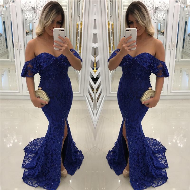 LP8779  Sexy Off the Shoulder Royal Blue Mermaid Lace Prom Dresses Slit Formal Evening Gown ,Senior Prom 2018