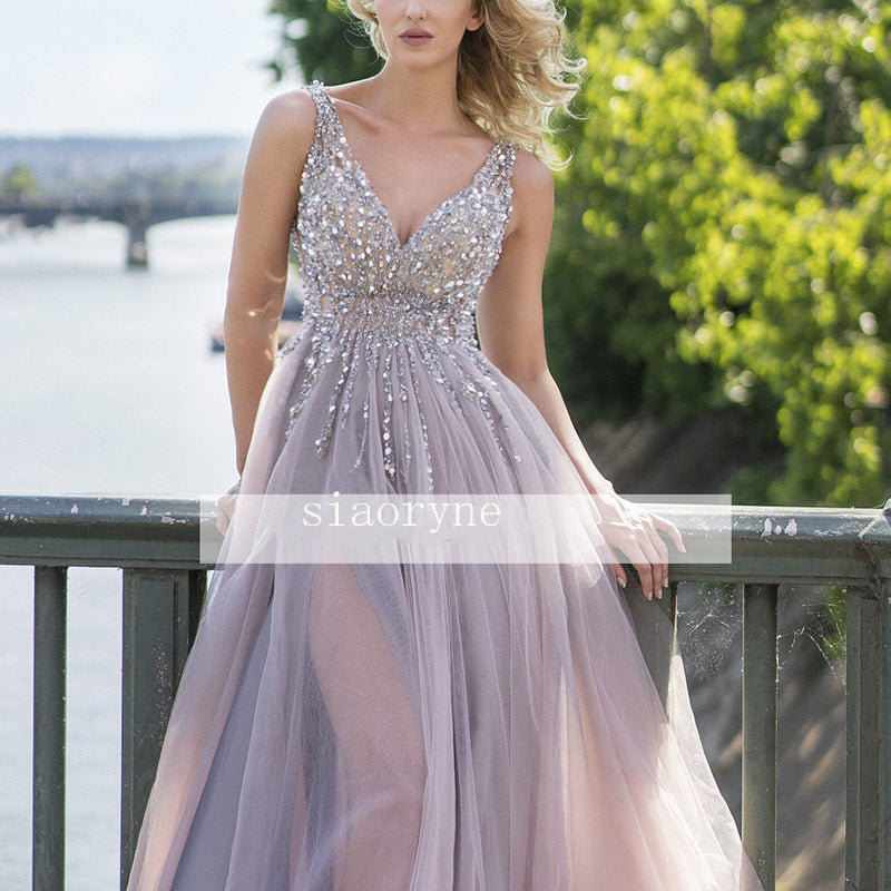 Charismatic V Neck Illusion Crystal Beaded Evening Dresses Long Formal Prom Gown 2020 with Slit leg