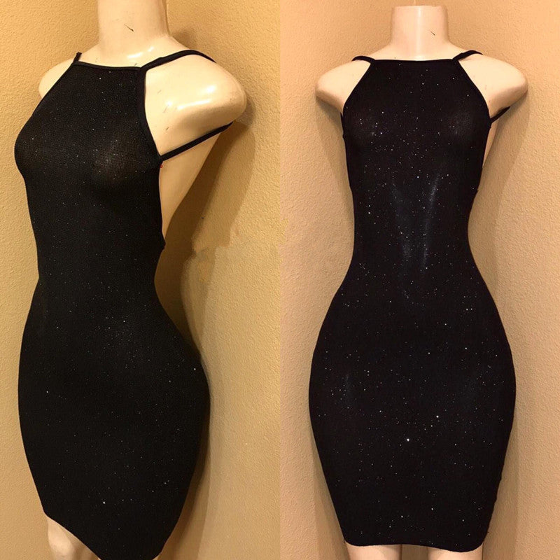 Glitter Black Short cocktail Dress halter Spaghetti Straps Sexy Semi Formal Party Dress mini Skirt